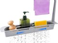 Telescopic Kitchen Over Sink Organizer with Towel Hanger, Expandable Slim Drain Basket Multifunctional Caddy Adjustable Length Colander Rack Sponge Holder Storage Tray for Home