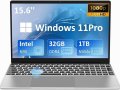 Auusda 32GB RAM Windows Laptop Computer, 1TB M2 PCIe NVMe SSD, 1.7-3.4 GHz Intel N95 (Beat i5-6440EQ) CPU, 15.6" FHD 180° IPS LCD Screen, Backlight Keyboard, Fingerprint Reader, Mini HDMI, USB-A x2